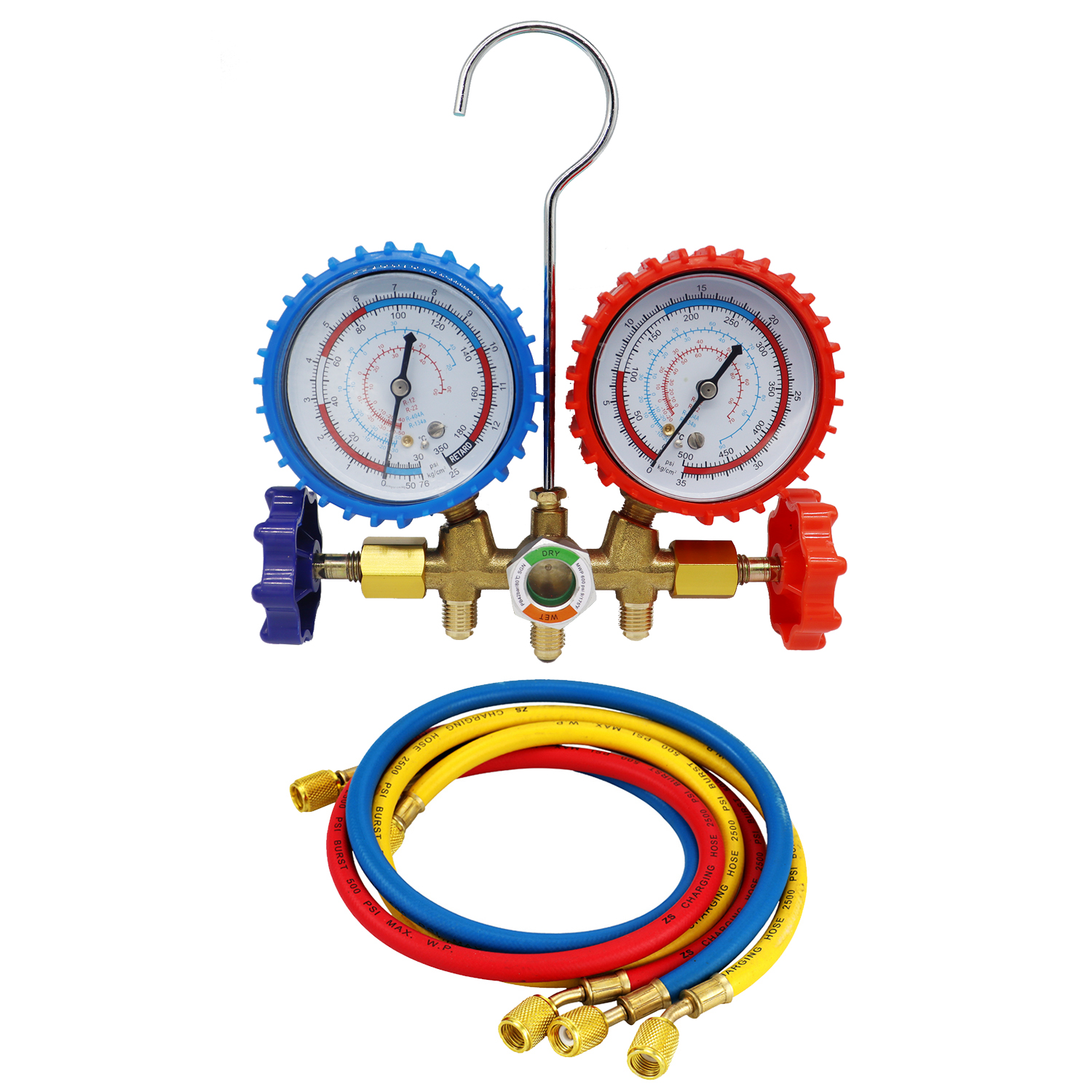 Dispositivo de presión de aire acondicionado R134a con Manguera y Gancho Herramienta de diagnóstico 3 Way AC para Freon R12 R22 R404A R134a