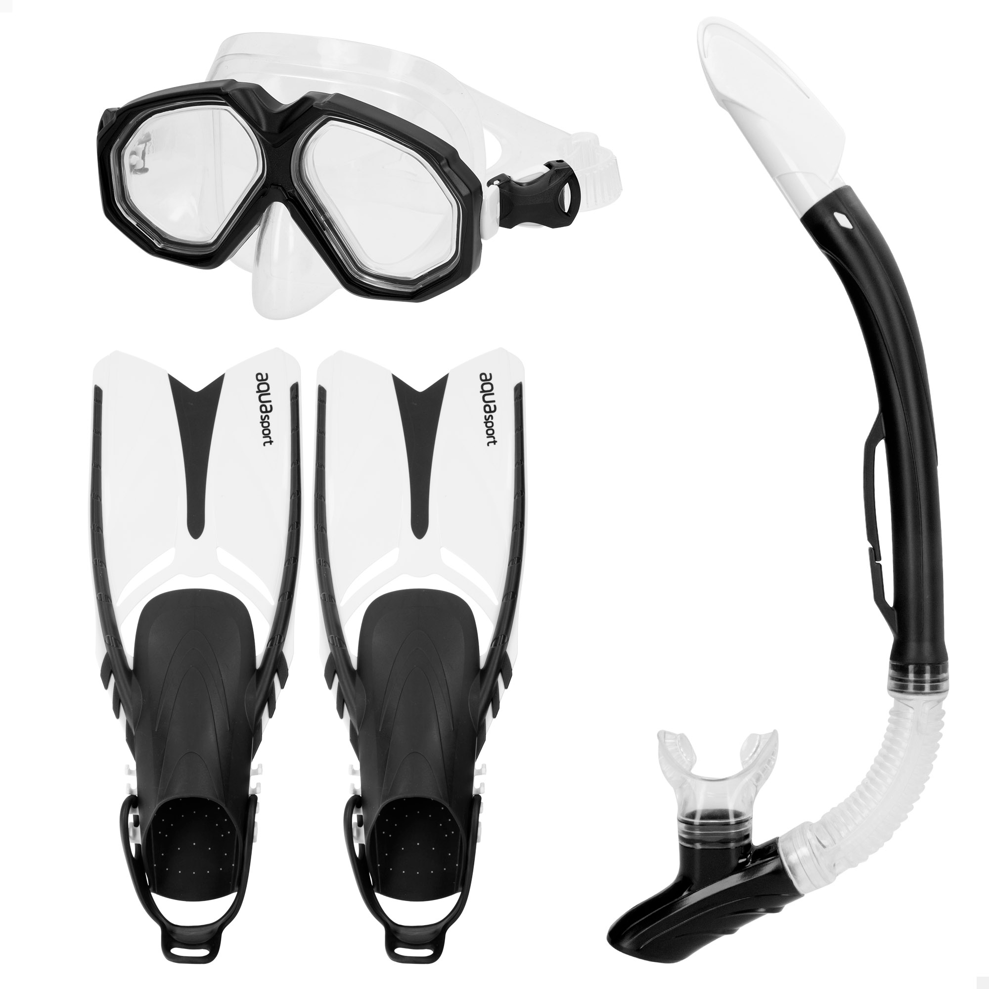 Aqua Sport - Kit gafas de snorkel para adultos, incluye tubo y aletas regulables, T. 38-42 y 42,5-47, máscara antigotas, fácil ajuste, tubo flexible con válvula de drenaje y escape, látex free, lentes policarbonato, buceo adultos