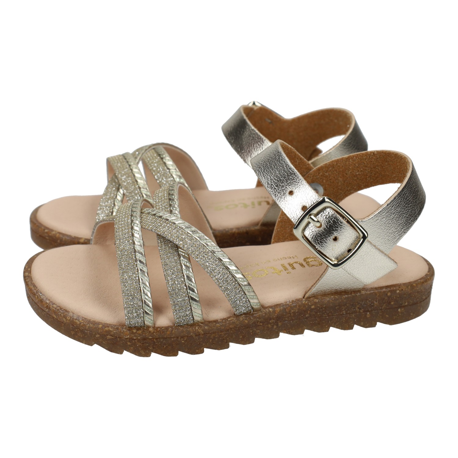 Sandalias marca CONGUITOS para niña en color oro. Sandalias para niñas en color oro, con glitter y metalizadas, sandalias para verano, hebilla, planta acolchada