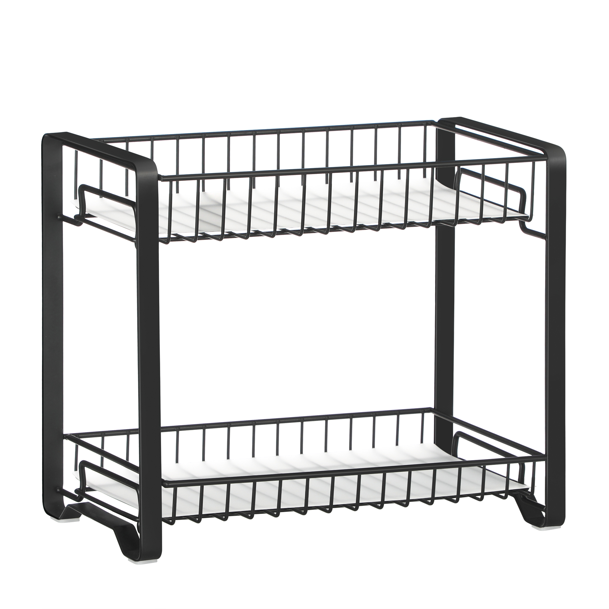 SONGMICS Estante de especias, estante de almacenamiento de cocina de metal de 2 niveles, soporte de especias con tablas de plástico, patas antideslizantes, para cocina, baño, Negro/Plata