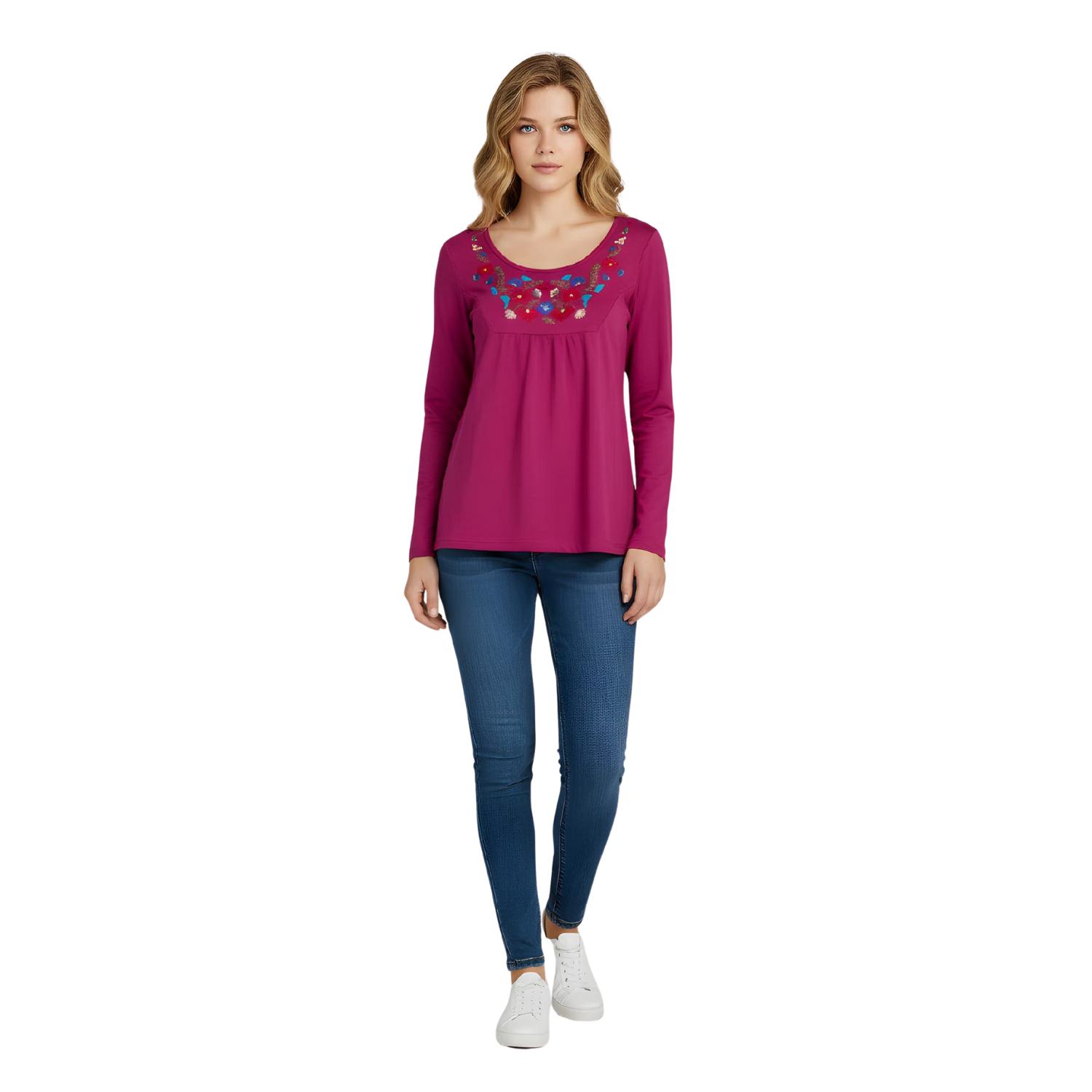 Camiseta de algodón bordada con escote amplio y manga larga. Diseño cómodo con bordados florales frontales y tejido elástico ideal para uso diario- LA-899968