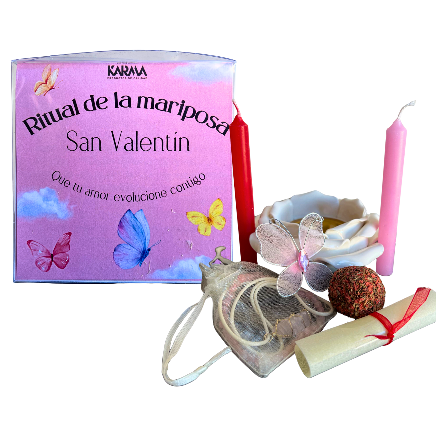 THE BUBBLE SHOP - Ritual de San Valentín para Encontrar o Fortalecer el Amor | Rito de la Mariposa con Portavelas de Rosa Blanca, Bombita de Defumación, Mariposa, Vela Roja y Rosa, Pergamino con Lazo, Collar y Pulsera de Cuarzo Rosa y Bolsita.