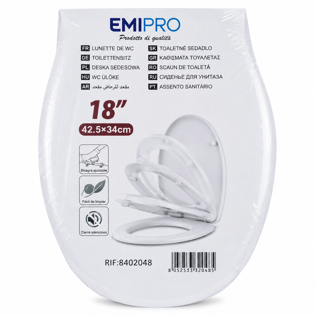 EMIPRO - Tapa WC universal de polipropileno 18 pulgadas (42,5 × 34 cm) con bisagras ajustables, fácil instalación y acabado blanco brillante para baño