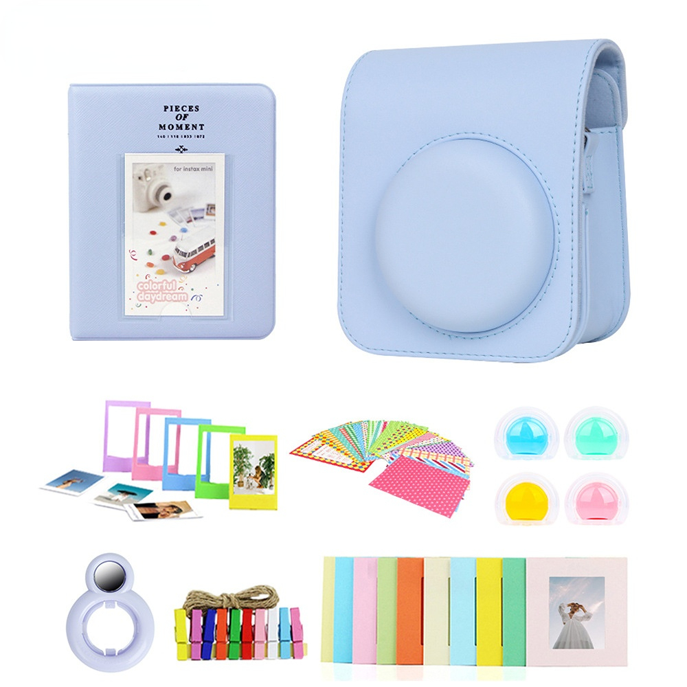 TK Bolsa de Cámara de Cuero con 7 Partes para Fujifilm Instax Mini 12 Funda de Protección de 64 Bolsos with Marco de Foto, Espejo de Auto-retro, Filtros de Lente