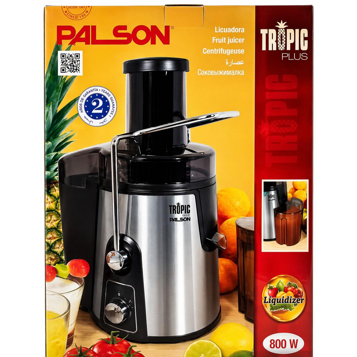 Palson Licuadora Tropic Plus 800W Acero Inoxidable Jarra 1L Depósito 2L 2 Velocidades Función Pulse para Zumos Naturales Desmontable y Fácil Limpieza