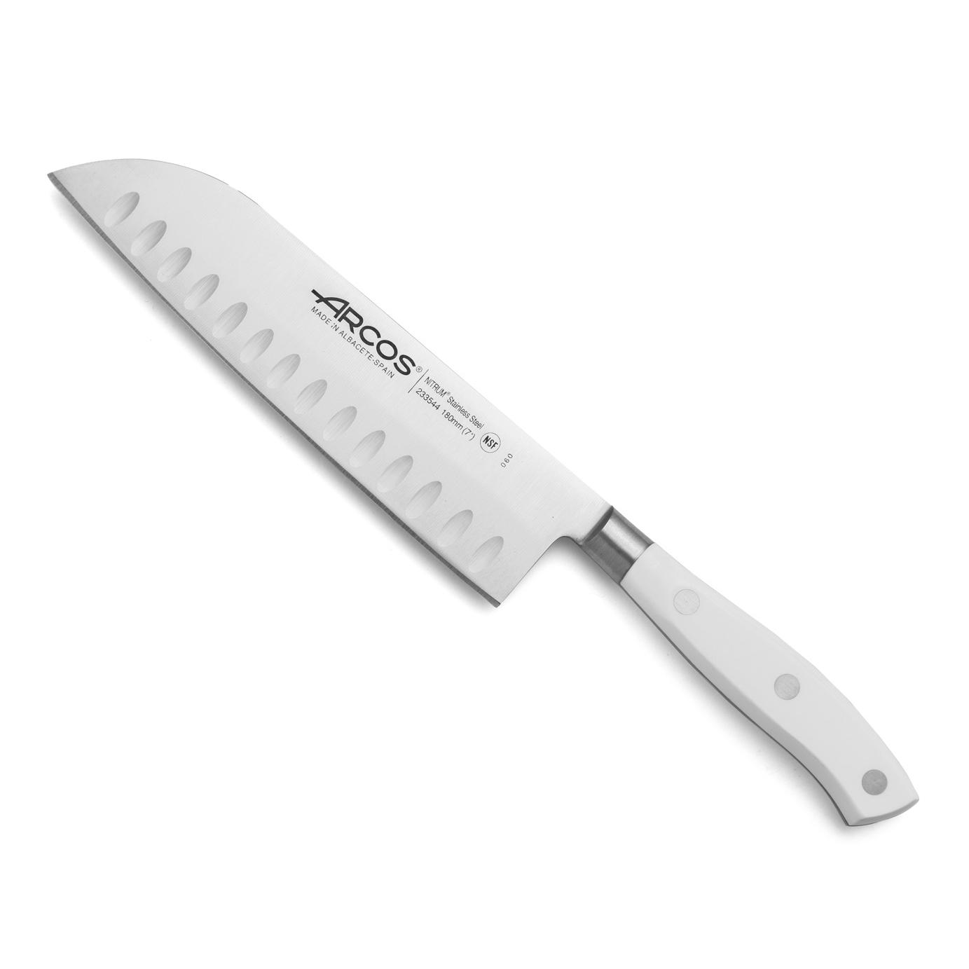 Arcos Cuchillo Santoku Forjado Acero Inoxidable. Cuchillo Japonés Afilado Cortar Carne, Pescado y Verduras. Mango Ergonómico Polioximetileno y Hoja 180mm. Serie Riviera Blanc. Color Blanco.