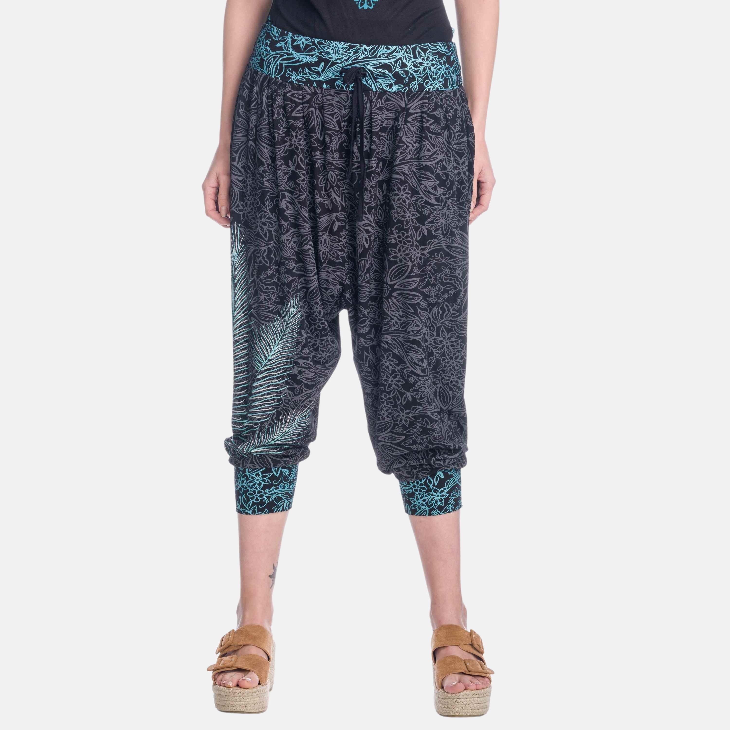 Koroshi - Pantalón pirata mujer estilo harem estampado floral de viscosa fluida y transpirable para primavera-verano