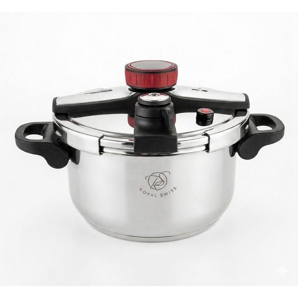 Olla a Presión Royal Swiss Acero Inoxidable, 8 L, todo tipo de cocina, Cocción Rápida, Válvulas de seguridad.