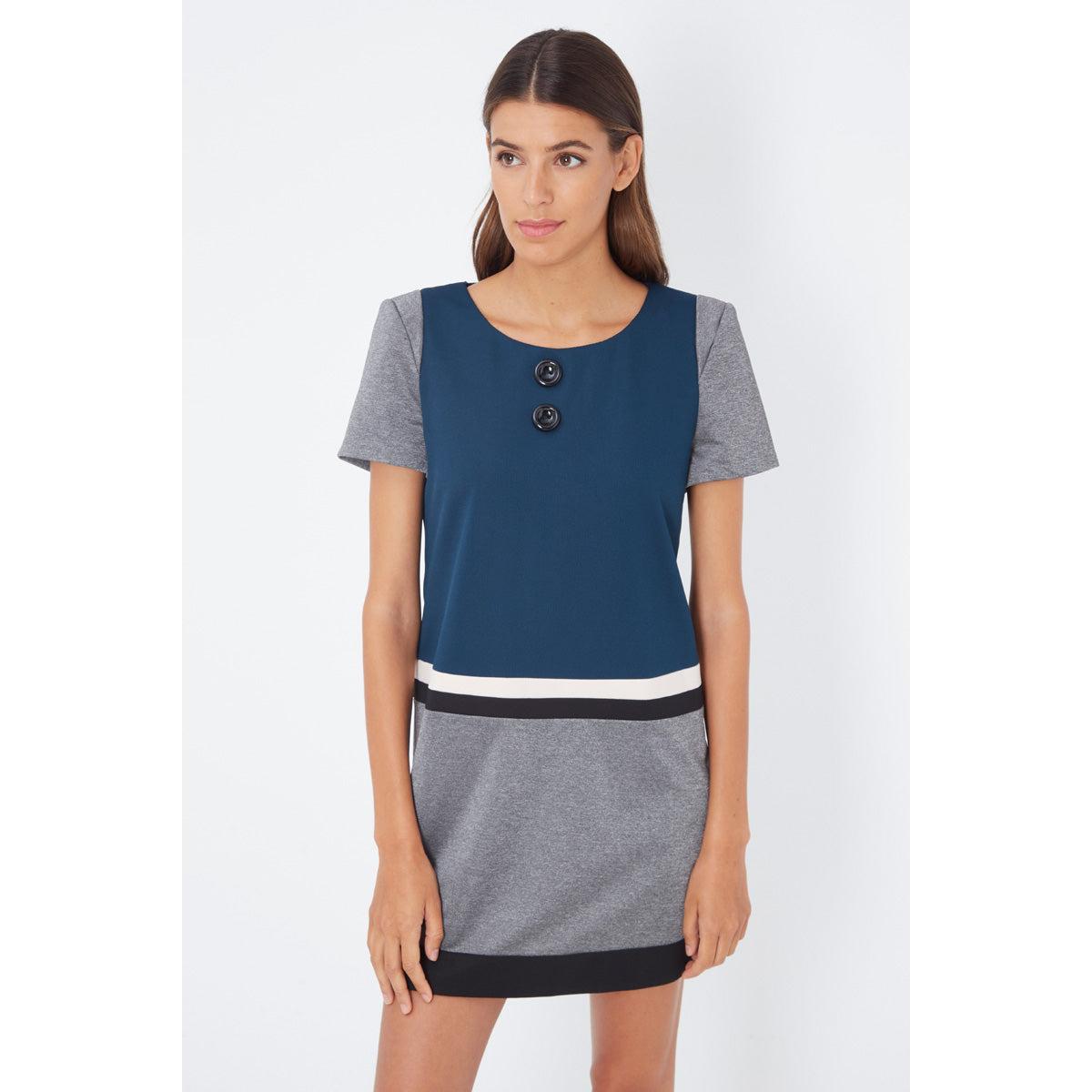 Vestido recto mujer, dress corto, diseño bicolor azul/gris, botones decorativos, manga corta, cuello redondo, tejido sarga, estilo casual elegante, talla 38, cómodo y versátil ✅Entrega 24/48h