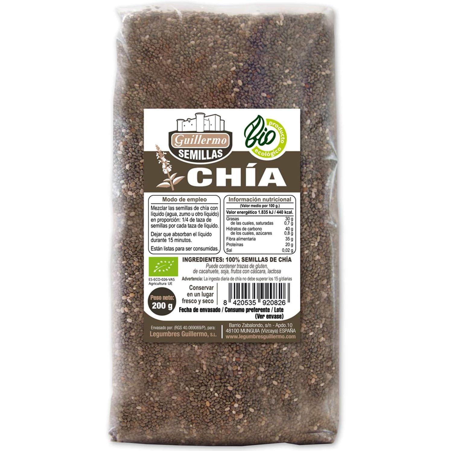 Legumbres Guillermo | Semillas de chía BIO Guillermo - Paquete 200 g. | 100% ecológico | Superalimento | Alto contenido de proteínas vegetales | Rica en fibra