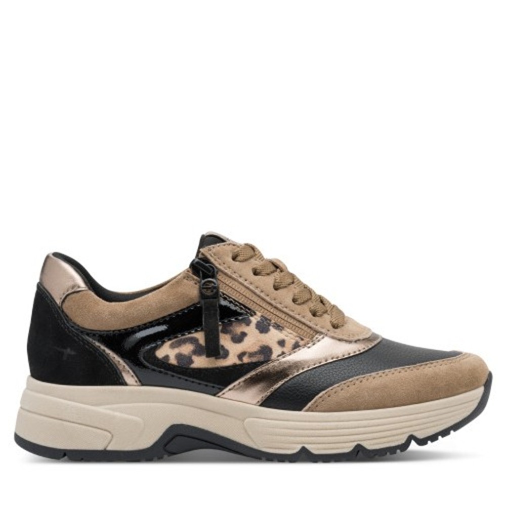 Cómoda  Zapatilla mujer 83714 de TAMARIS CONFORT piel beig y y licra adaptable negra. Detalla animal print. Plantilla anatómica extraible. Ajuste cremallera y cordones Altura Tacón bajo (1-3 cm) Referencia