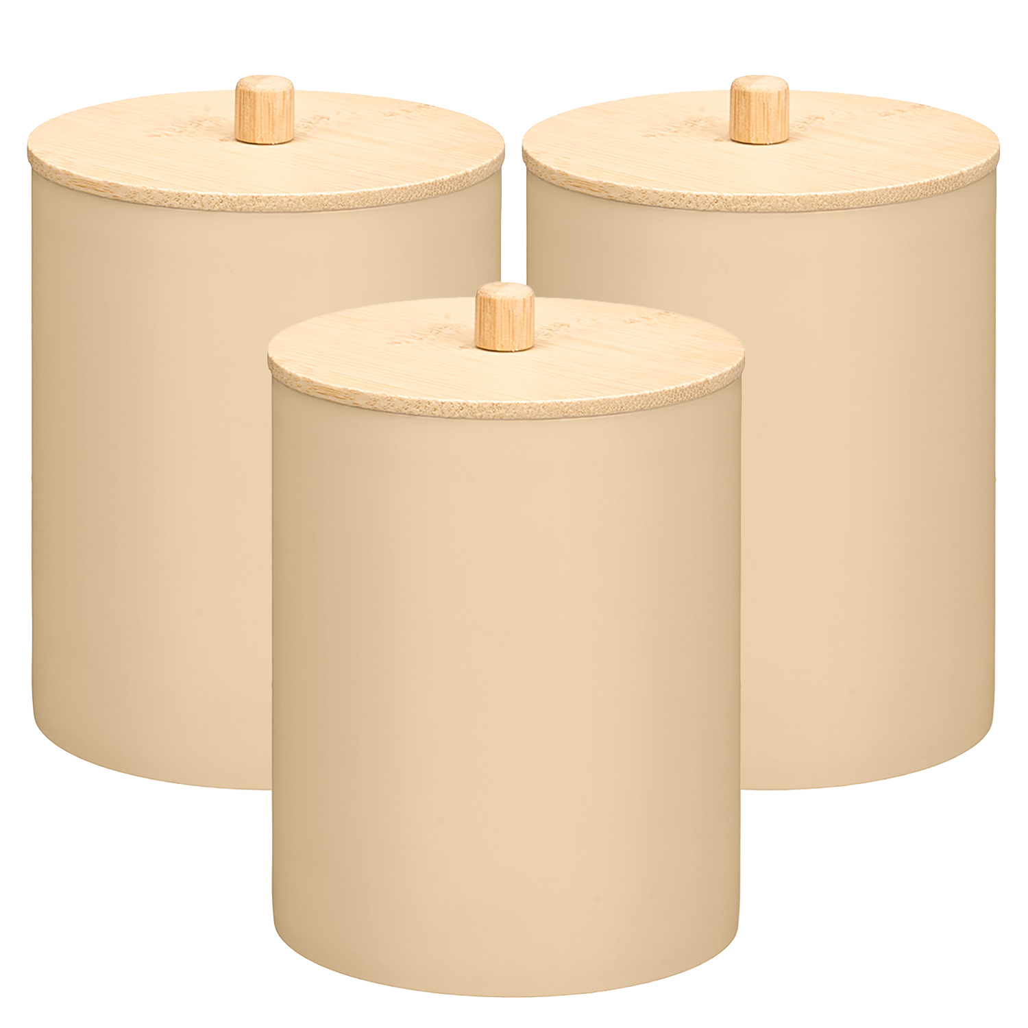 DAM Pack 3 botes beige de plástico con tapa de bambú. 9x13,2 cm 9x9x13,2 cm Color: Blanco