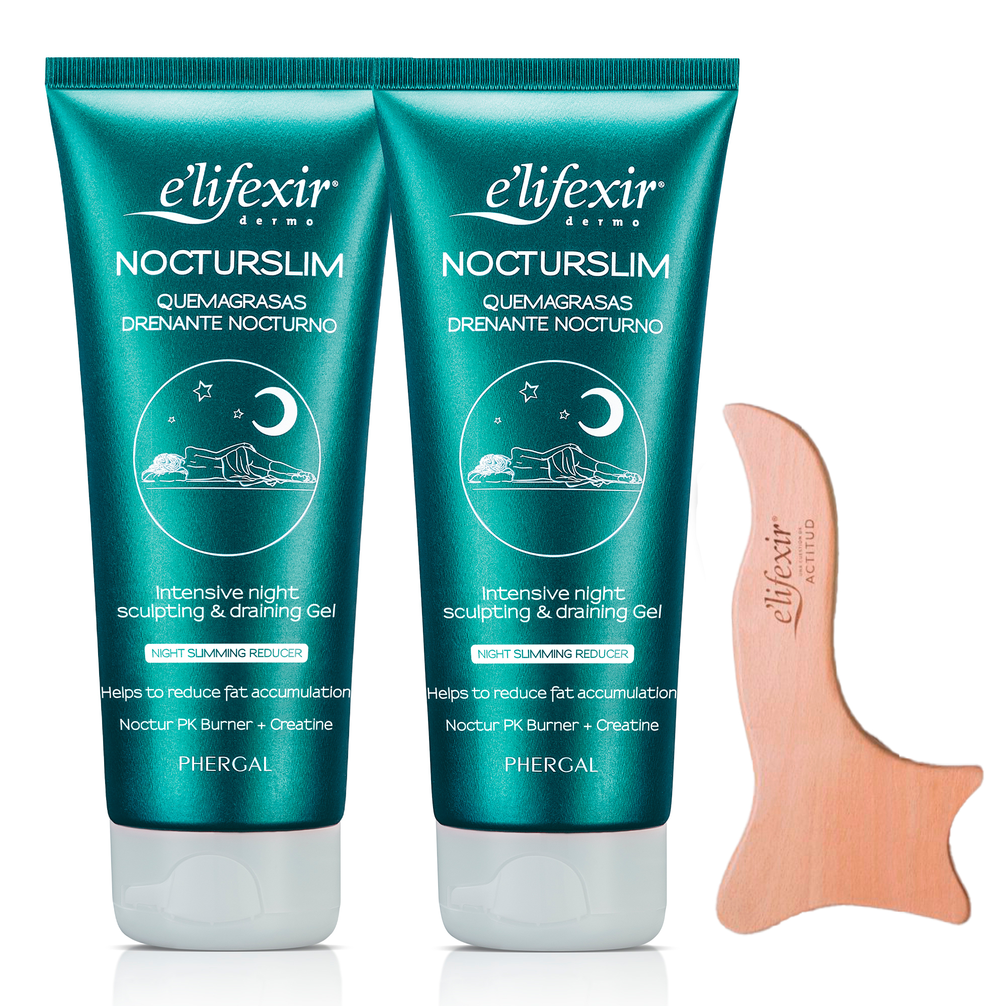 Pack Duplo Elifexir Nocturslim 2x200 ml + Tabla de Maderoterapia | Crema Nocturna | Gel Lipoescultor Noche | Drenante y Reafirmante | Rápida Absorción