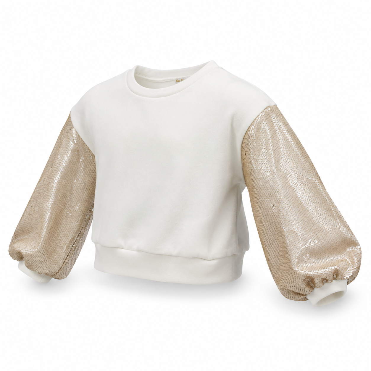 Sudadera Crop Beige para Niña con Lentejuelas Reversibles, Manga Abullonada, Lentejuelas que Cambian de Color, Sudadera Juvenil de Moda
