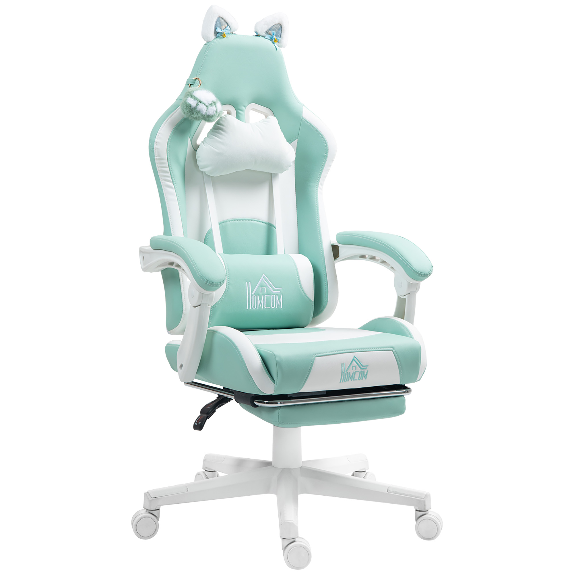 HOMCOM Silla Gaming con Orejas Silla Gamer Reclinable con Altura Ajustable Reposapiés Retráctil Soporte Lumbar y Reposacabezas Desmontable Silla para Oficina Estudio