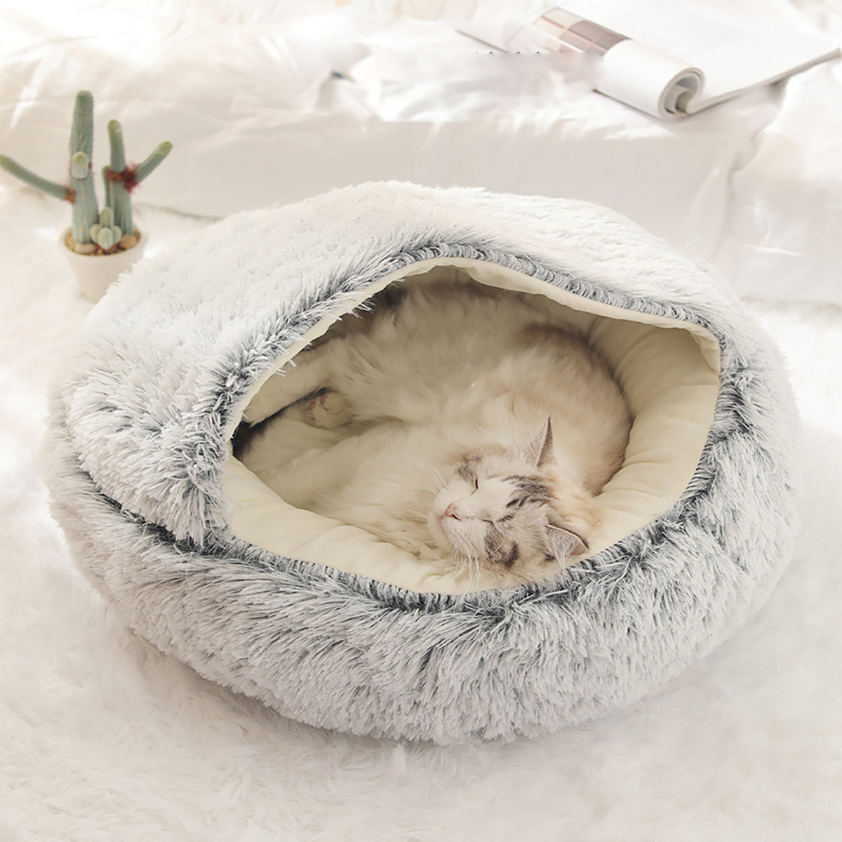 TK Cama De Gato Redonda De Peluche Suave Con Capucha Para Mascotas Pequeñas Cama De Encaje Cómoda Para Interiores Antiestrés (color degradado)