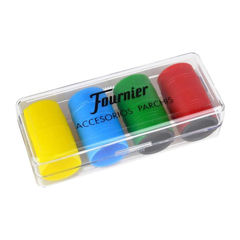 Cubiletes de colores para parchís | FOURNIER - Caja plástico con 4 cubiletes de distinto color, incluye fichas y dados // Ref: F06513