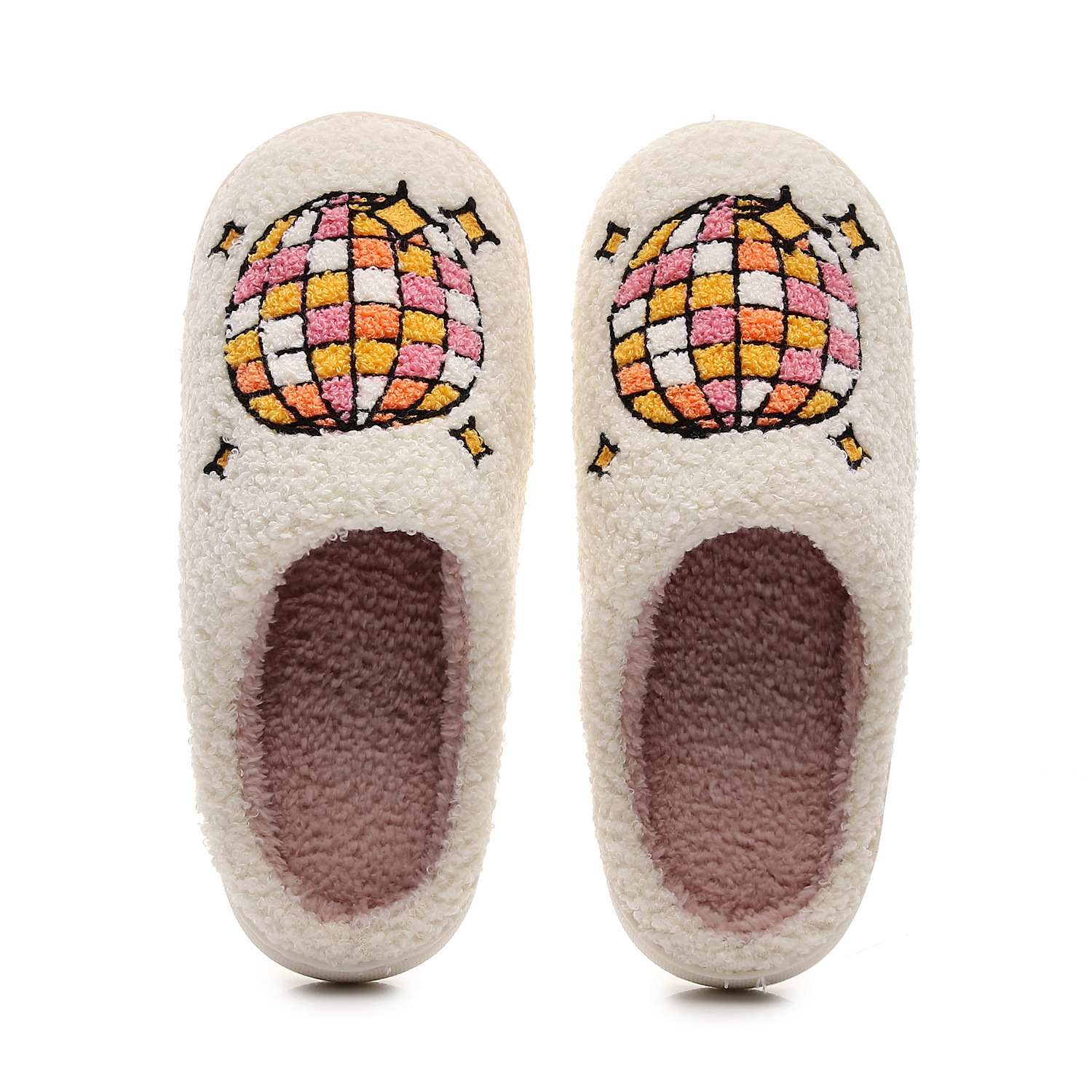 TK Pantuflas blancas de felpa con un colorido estampado de bola de discoteca y forro rosa. Divertidas y cómodas para usar en casa.