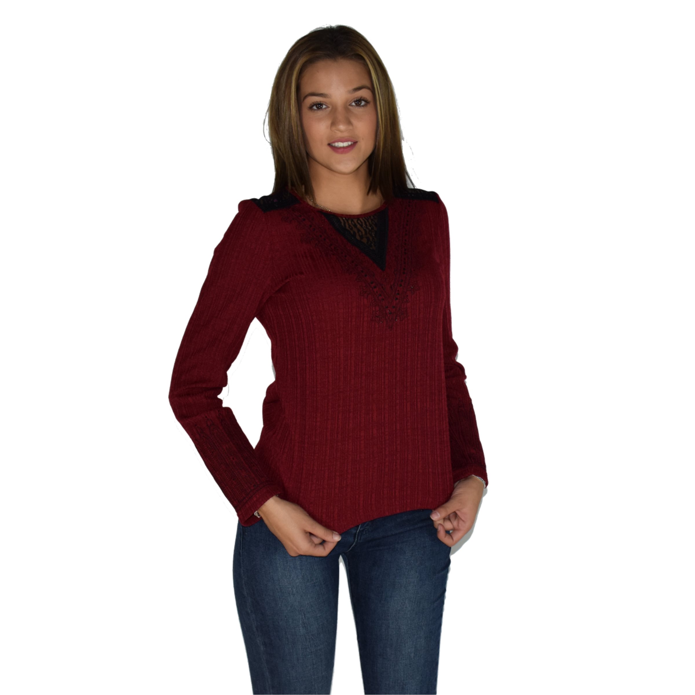 Koroshi - Camiseta manga larga mujer con detalle de puntilla negra en escote y hombros, punto acanalado elástico 95% poliéster 5% elastano, granate para look romántico diario o tarde