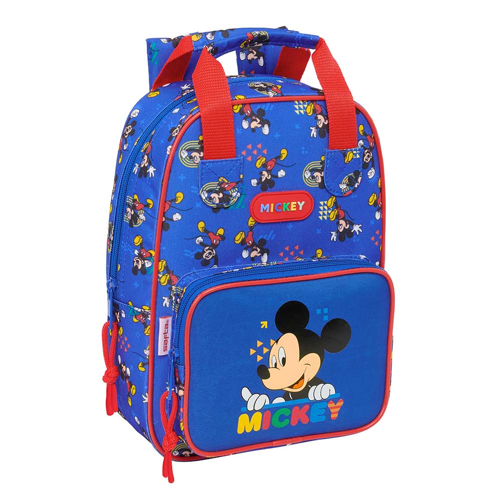 SAFTA | Mochila Escolar con Ruedas Disney Mickey Mouse Carro Evolution Extraíble Alto, Espalda y Hombreras Ergonómicas Acolchadas, Doble Tirador, Bolsillo Frontal y Laterales Portabotellas, Azul/Rojo