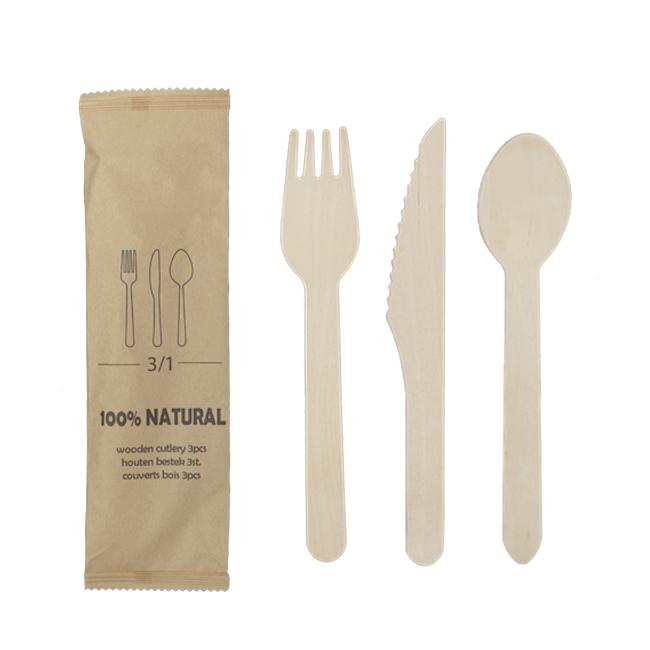 MONOUSO | Set Cubiertos Madera Tenedor, Cuchillo y Cuchara (600 Uds)