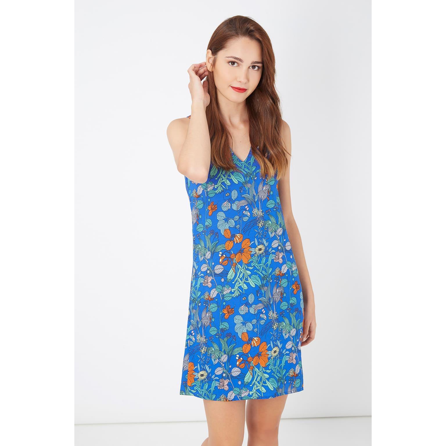 Vestido corto floral mujer sin mangas dress escote V look fresco ligero verano outfit estampado flores suave moderno talla L azul cómodo versátil elegante casual ✅Entrega 24/48h