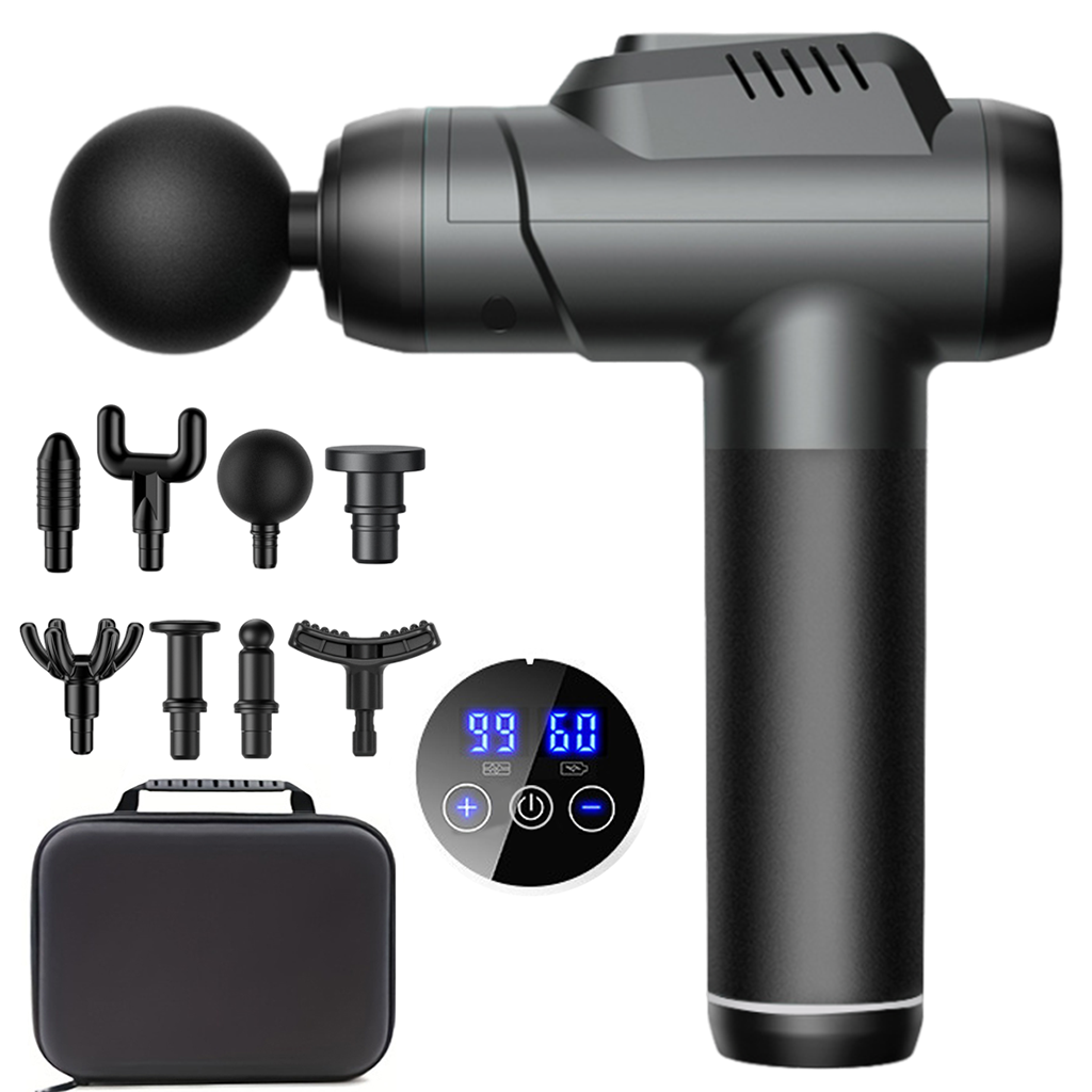 TK Pistola de mensajes musculares de 99 niveles, masajeador corporal de Fascia, recargable con pantalla LED, 8 cabezales de masaje para relajación muscular