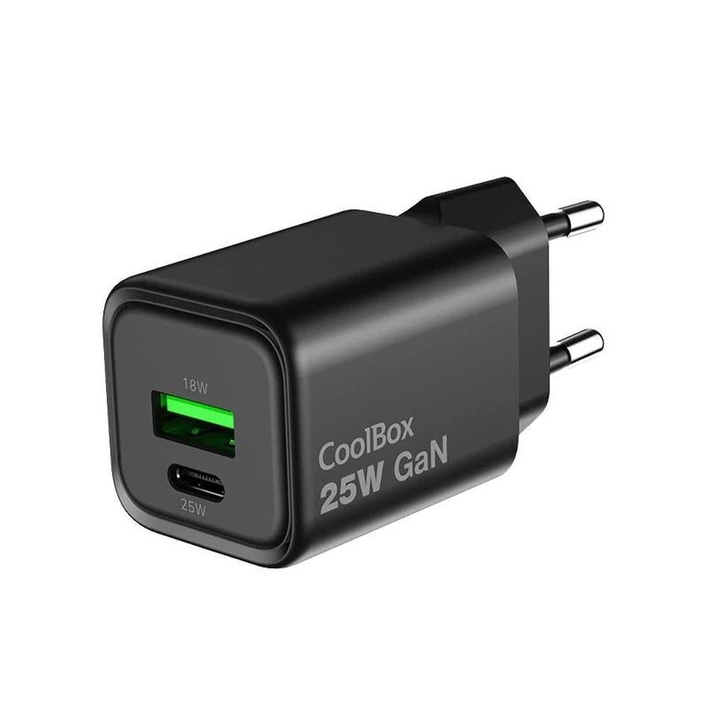 Coolbox - Cargador GaN 25 W COO-CUP-25CA-B con USB-C y USB-A para dispositivos móviles, rápido y compacto de 53 g