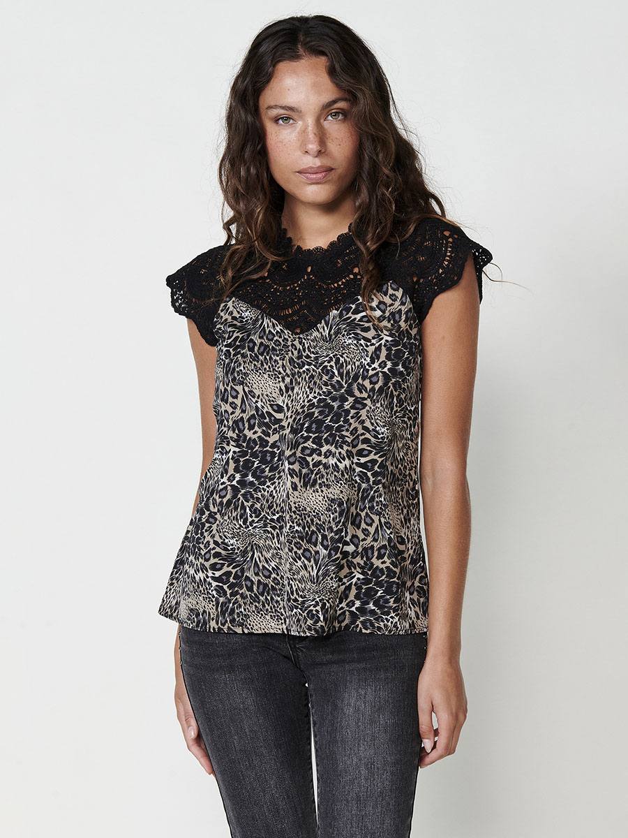 Koroshi - Blusa sin mangas de mujer con canesú de crochet negro y estampado animal en tejido satinado 100% poliéster
