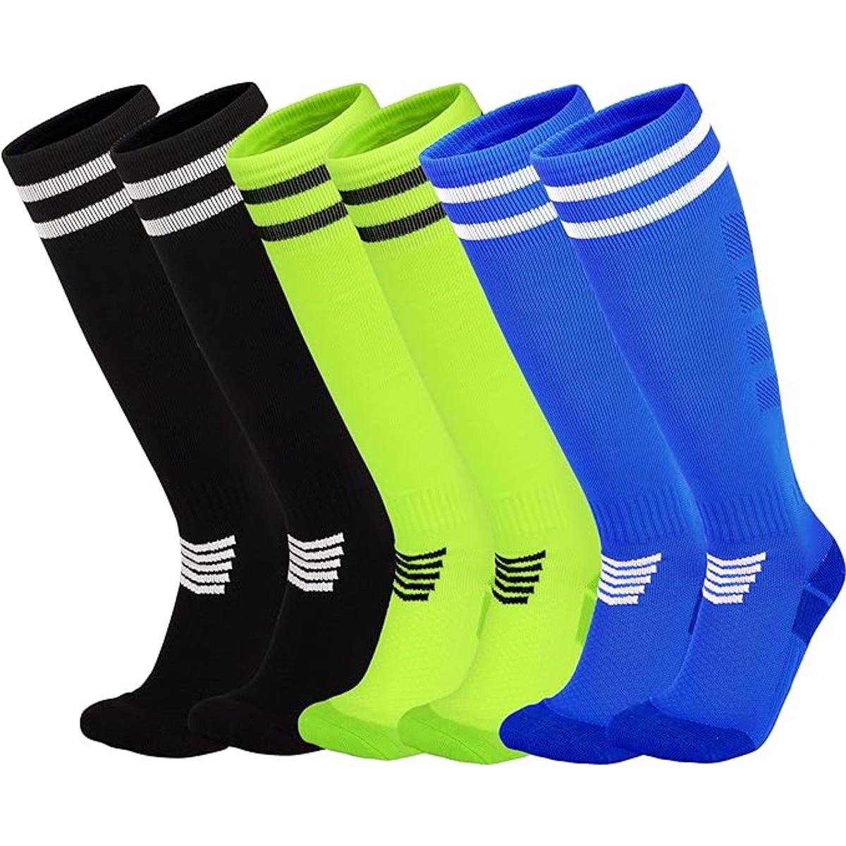 Calcetines antideslizantes de fútbol - Calcetines de fútbol - Calcetines antideslizantes - 3 pares de calcetines de fútbol - Calcetines hasta la rodilla para jóvenes - Calcetines para correr para niñas - Azul, negro, fluorescente - L - 20 x 9,75 x 2,4 cm