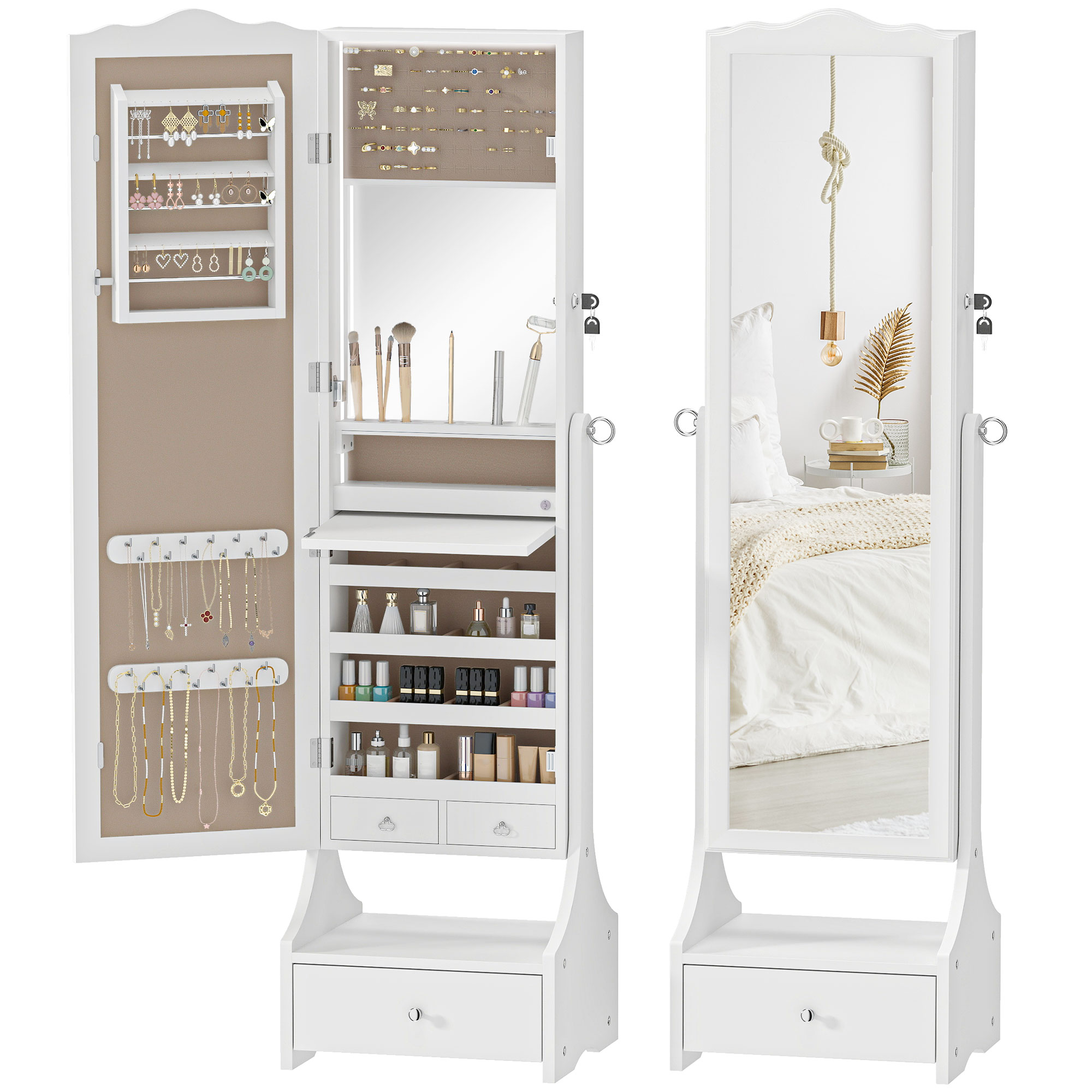 HOMCOM Espejo Joyero con Luces LED, Armario para Joyas, Armario Joyero con Espejo Entero de Ángulo Ajustable, Cajones, Mesa Interior Plegable, Cerradura, Luces Apagado Automático, Blanco y Forro Beige