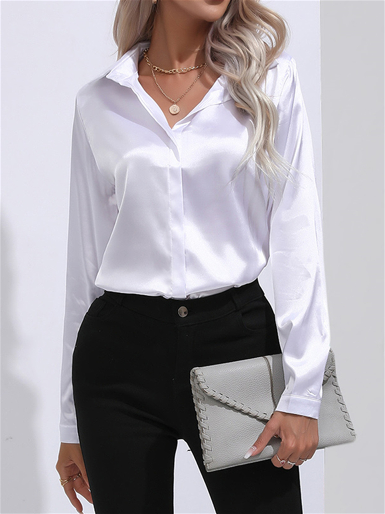 TK Blusa De Satén Elegante Para Mujer Con Cuello Enrollado Y Botón Sólido De Manga Larga Para Oficina Ropa Trabaja De Diario