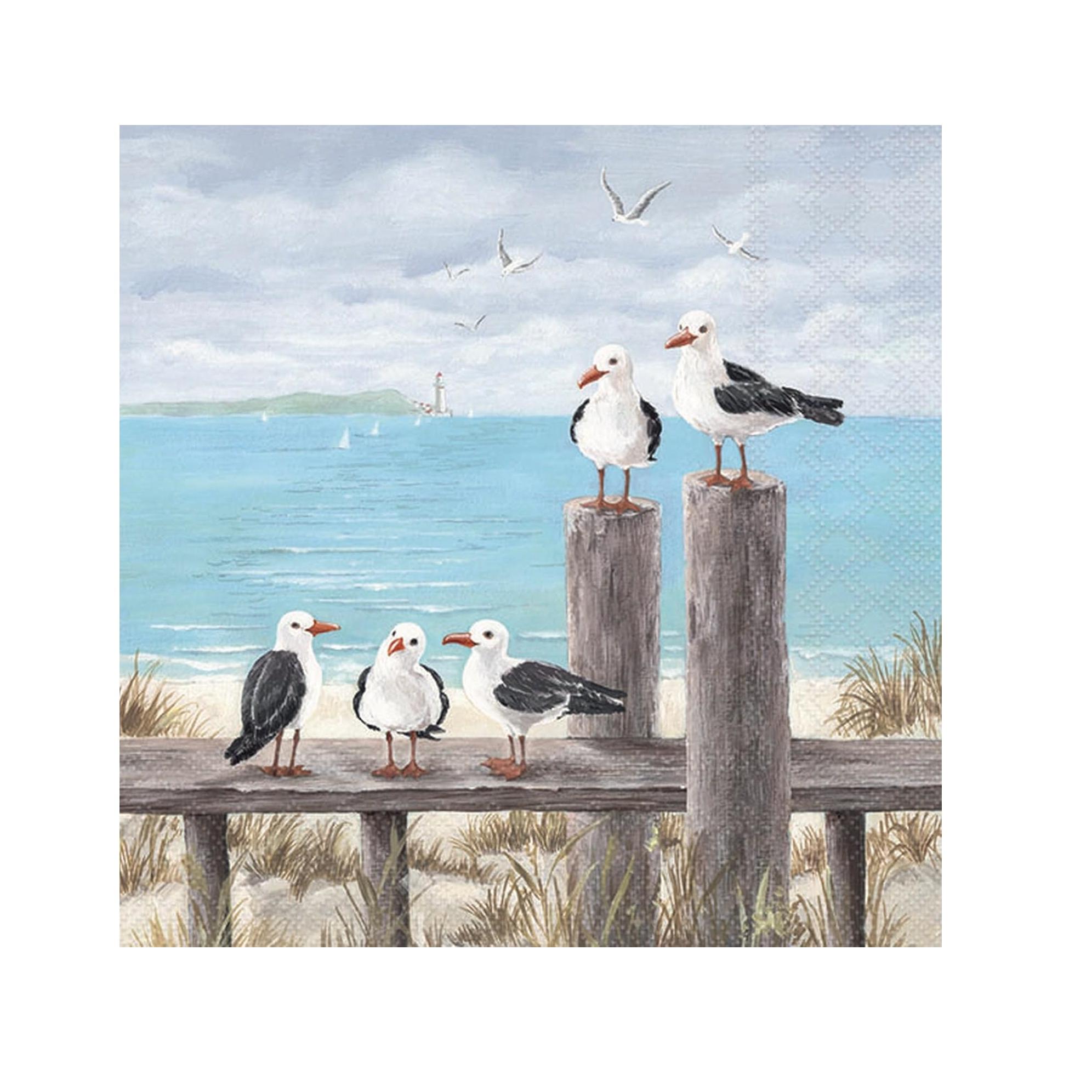 Ambiente, paquete de 20 servilletas de papel decoradas 33x33cm con estampado de gaviotas en la playa