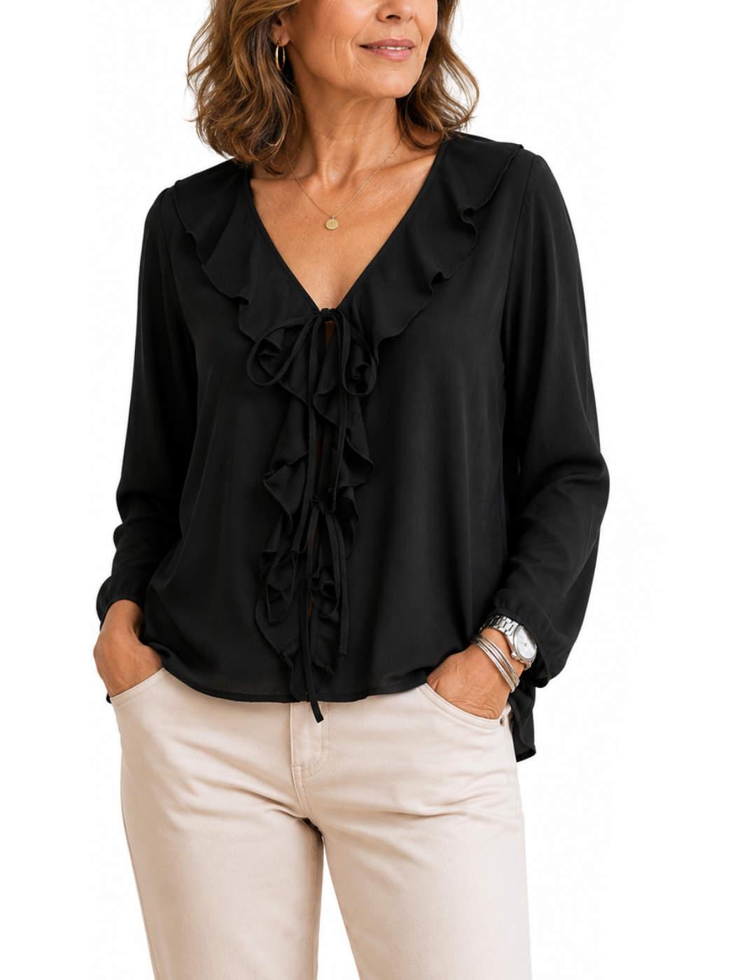 Blusa Only Vinni negro volantes manga larga para mujer