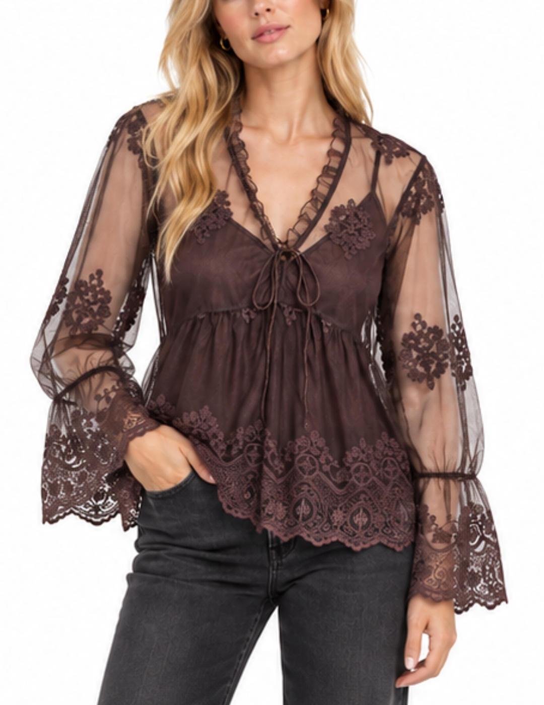 Blusa Only Camy marrón encaje boho para mujer