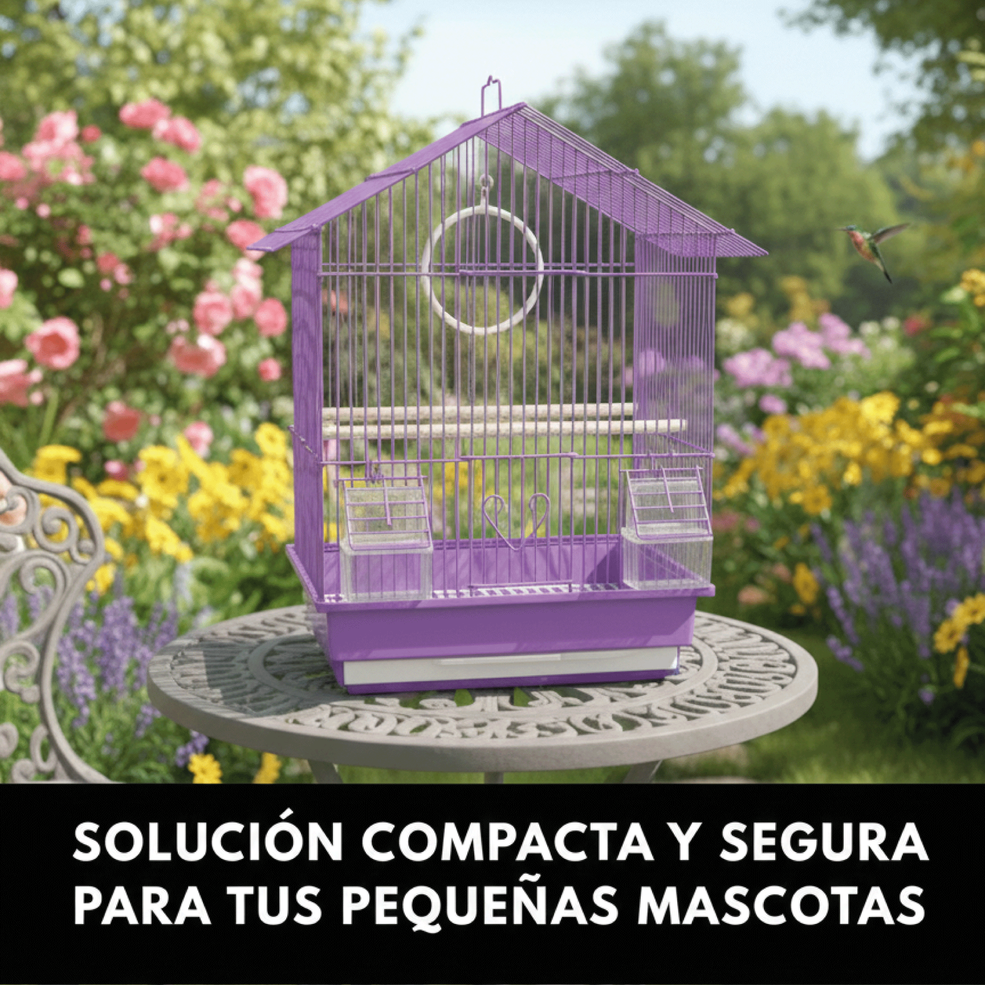 Jaula para Pájaros Moly con Tejado Inclinado | 2 Comederos Exteriores, Parrilla y Bandeja Extraíble- Base con Parrilla y Columpio