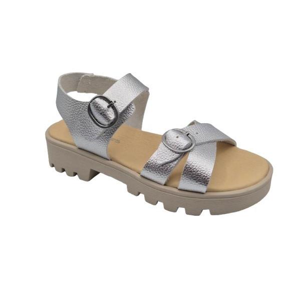 Sandalias De Piel Con Hebillas Para Niñas, Marca Andanines, En Color Plata O Cava. Andanines