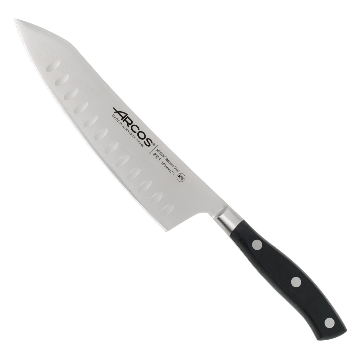 Arcos Serie Riviera - Cuchillo Rocking Santoku - Hoja de Acero Inoxidable Forjado NITRUM 180 mm - Mango de Polioximetileno (POM) Color Negro