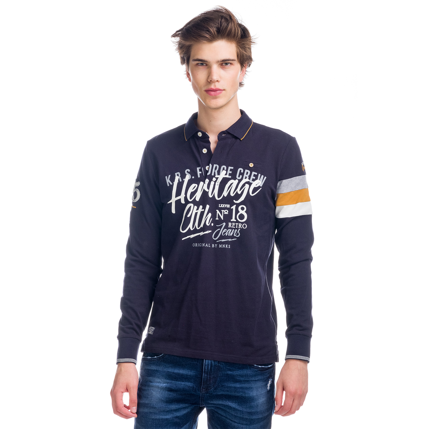 Koroshi - Polo manga larga para hombre de algodón 100% con estampado heritage en el pecho y bandas contrastadas en mangas, modelo 1821PL08