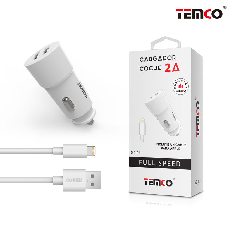 Pack Cargador Coche 2.1A + Lightning 2A 1m Blanco