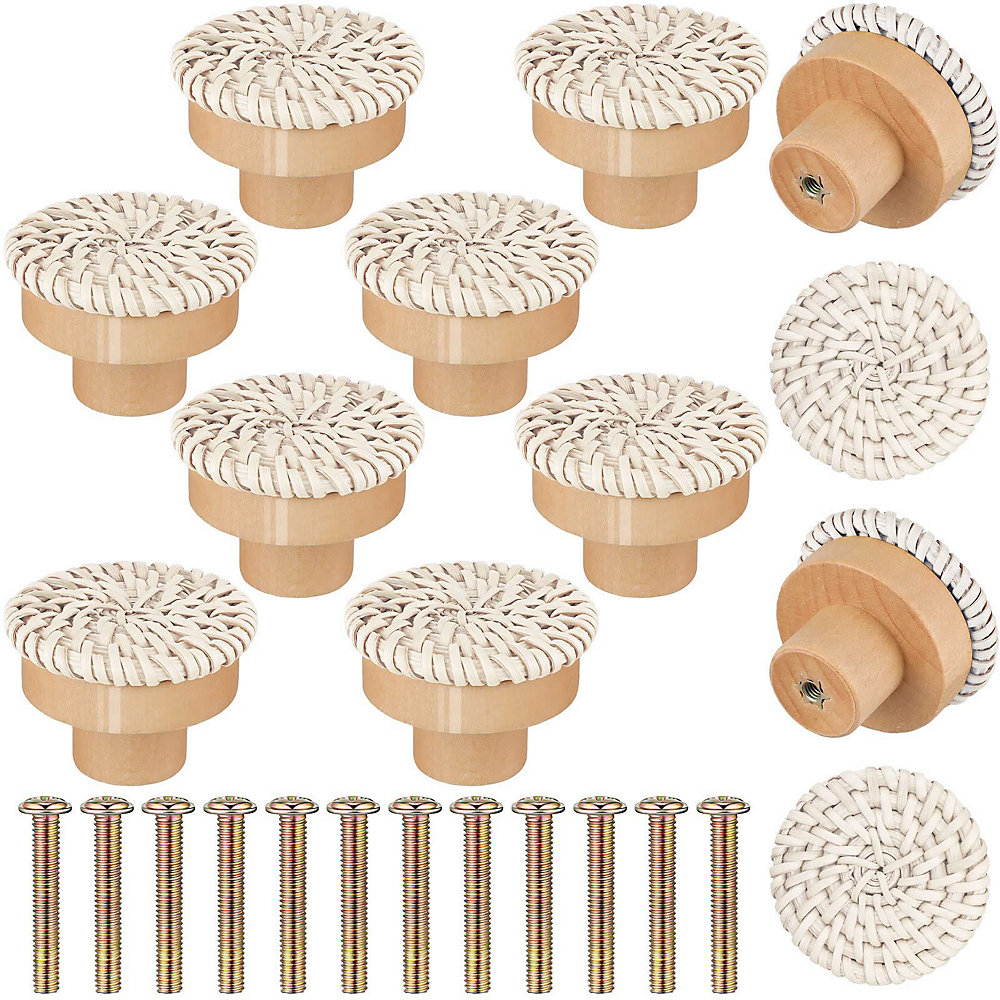 OmHO MOV - Paquete de 12 pomos de ratán bohemio para tocador, con tornillos redondos, compatibles con pomos de muebles bohemios, color blanco blanqueado