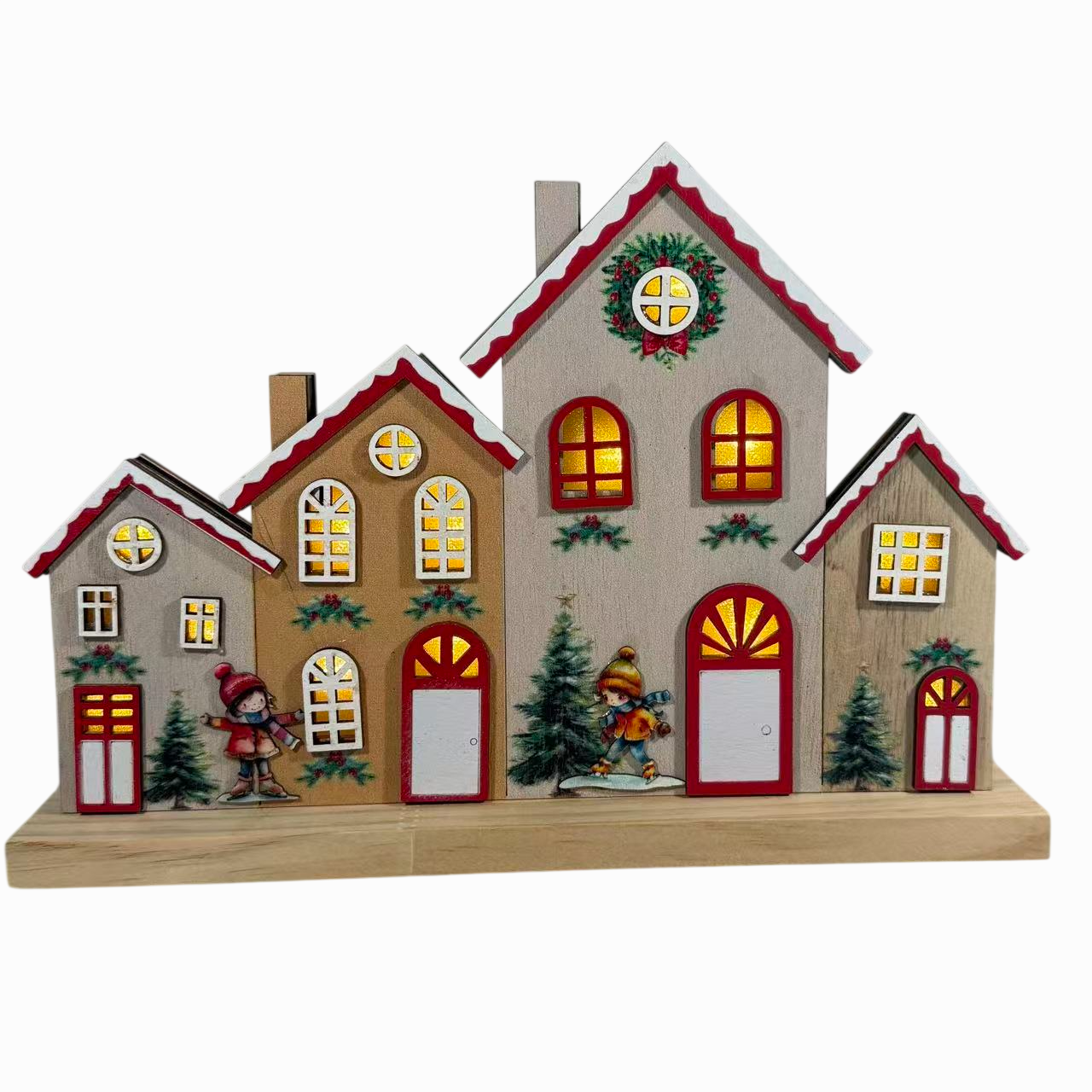 Casa de Madera Navideña con Luz LED, Decoración de Navidad de Pueblo con Niños y Abetos, 25x4.5x18 cm, Modelo Surtido (1 Unidad) - Gerimport