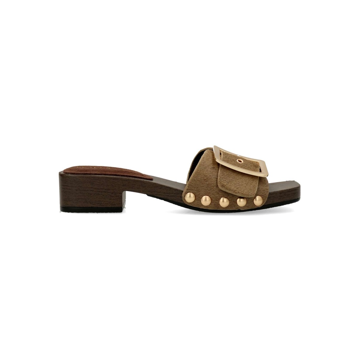 TOP3 - Sandalia zueco mujer con tacón efecto madera, pala ajustable con hebilla y detalles de tachas metalizadas, piel natural, diseño versátil y elegante para verano
