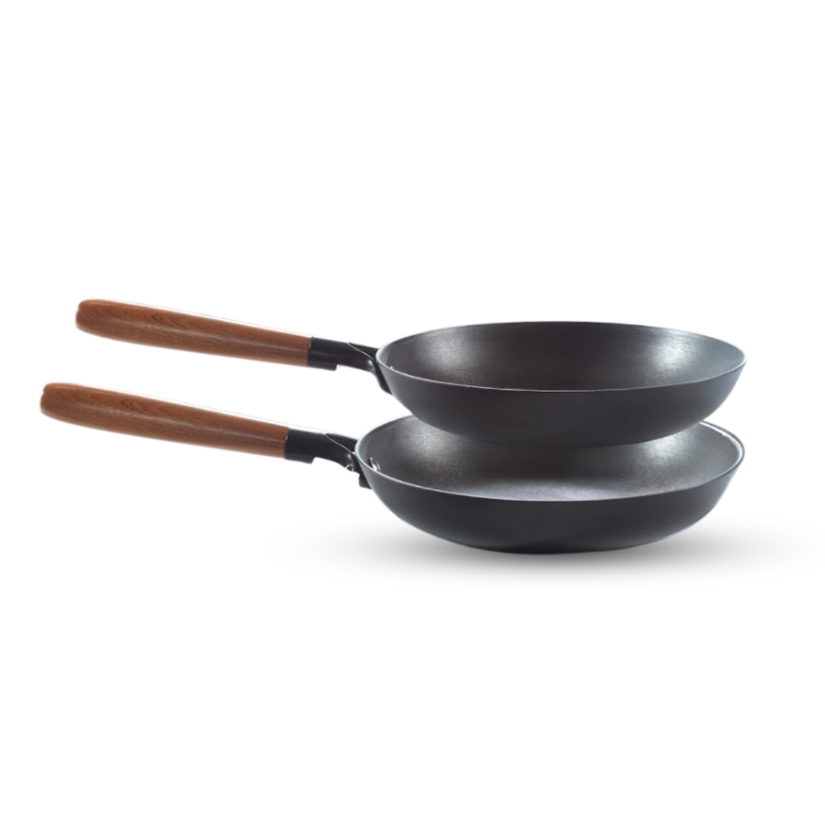 XSQUO Useful Tech Ganbaru - Sartenes de Hierro (Pack 2) - Bajo Carbono Antiadherentes, Sartenes para chefs profesionales - Apta para todo tipo de cocinas - 24 y 26 cm - Mango madera de cedro natural - Difunden el calor con menos gasto de energía.