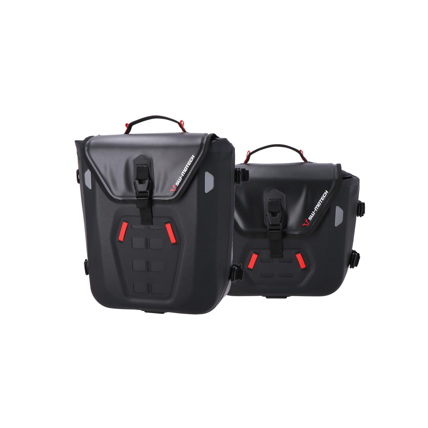 SysBag WP Side Bags + SLC Mounts for G 310 GS, made of durable black steel, waterproof, includes adaptors for compatibility with various models, ideal for motorcycle adventures, expandable storage options available.