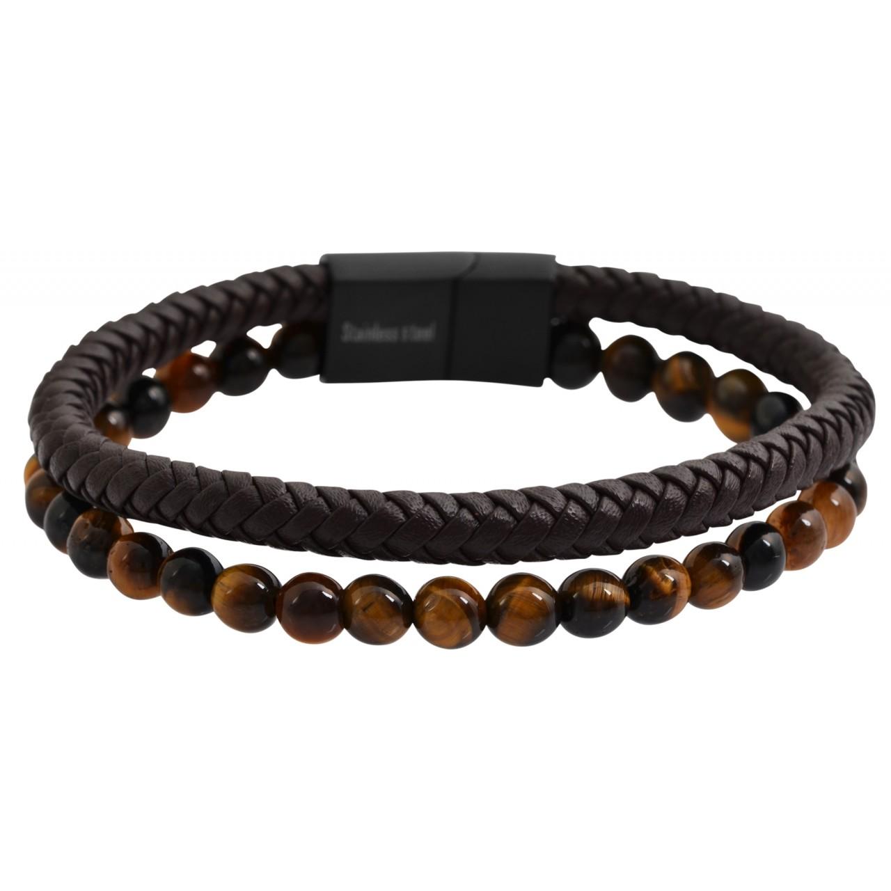 Akzent® Pulsera em Couro Genuíno com Contas Olho Tigre