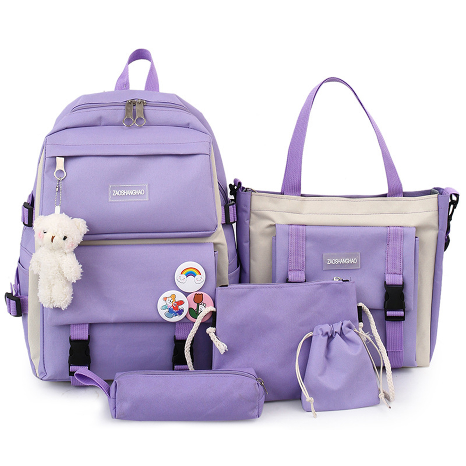 TK Mochila Kawaii con Pin y accesorios, Kit combinado de 5 piezas, mochilas de lona, bonita mochila Kawaii de gran capacidad