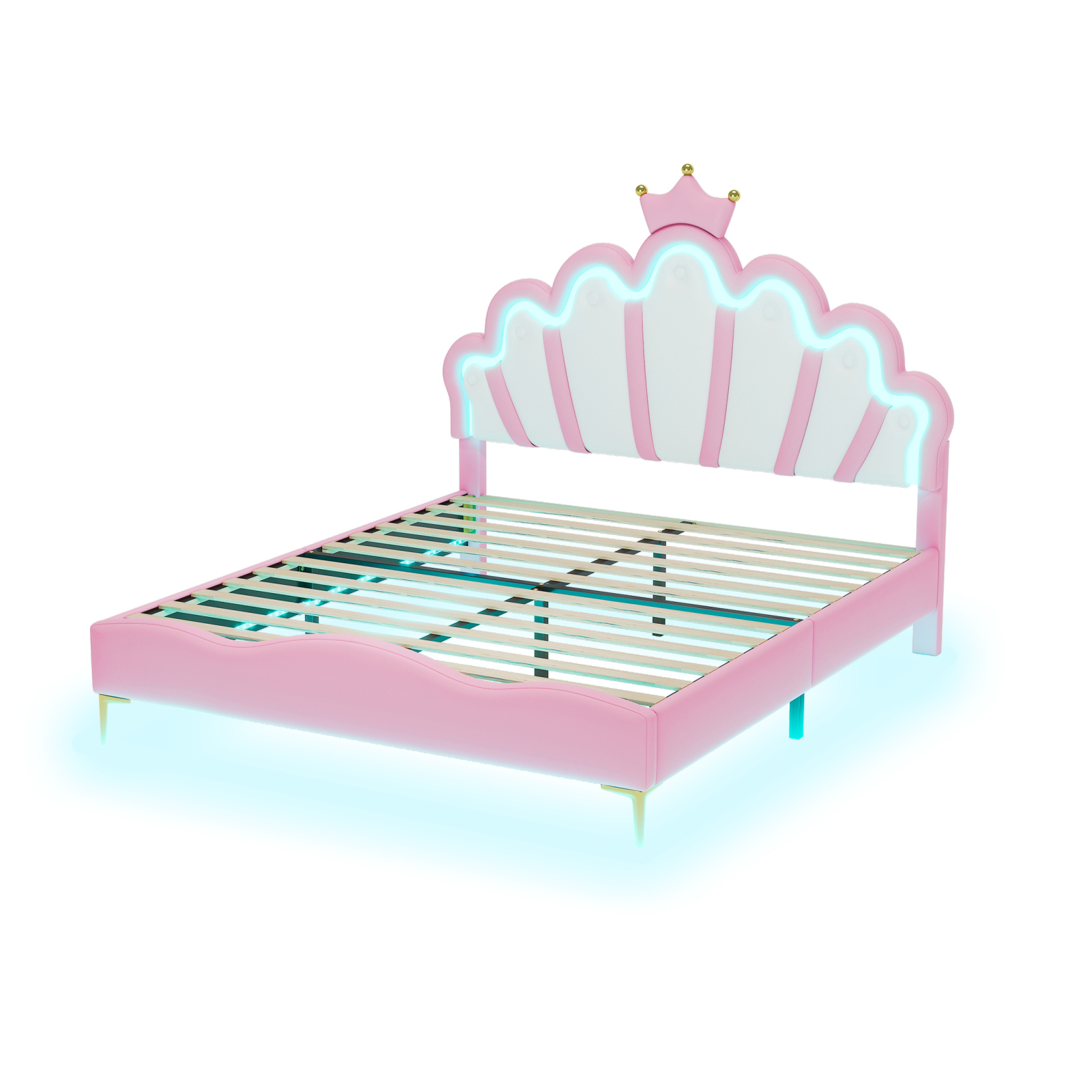 Superaly Upholstered Kids' Bed, PU Leather Bed Frame with Remote RGB LED Lighting, Crown Headboard, Load Capacity 150/200kg, 90x200, 140x200 cm for Children's Bedroom