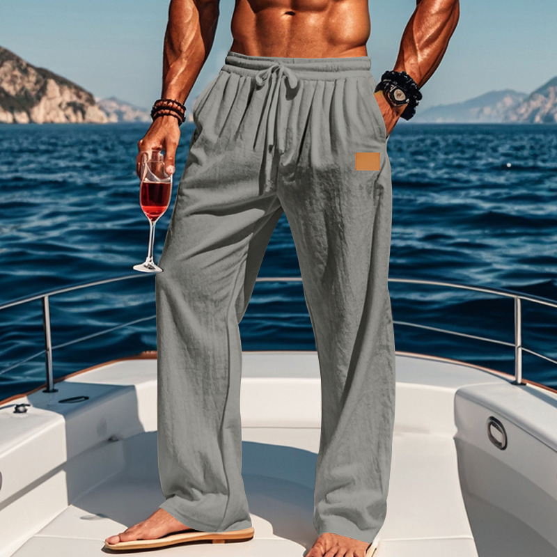 TK Pantalones rectos con cordones de algodón y lino para hombre, de estilo playero, finos y con cordón, para el tiempo libre, para las cuatro estaciones.