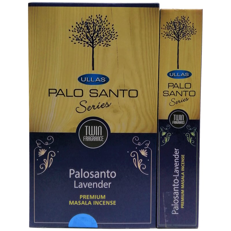 Incienso ULLAS Palo Santo Twin Fragrances - Aromas Lavanda, Vainilla, Copal, Dragon Blood, Rosa, Jazmín, Ruda, Salvia Blanca, Canela y Almizcle - Caja 12x15 g Masala Premium
